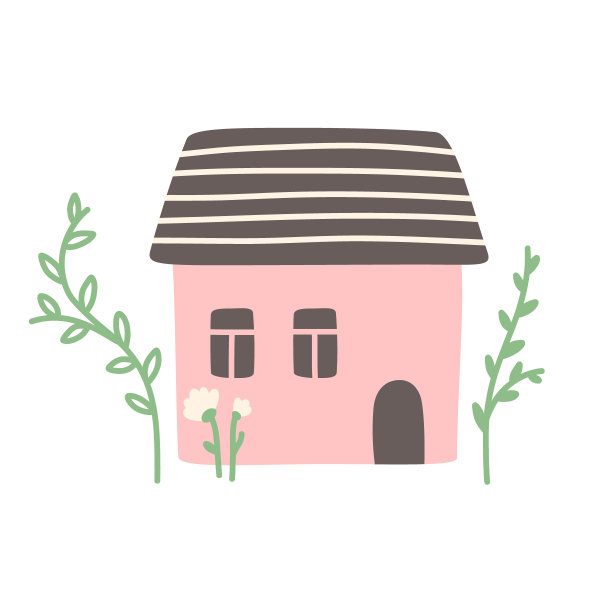 有花，树叶和树枝的舒适的房子。矢量打印插图隔离在白色背景上。图片下载