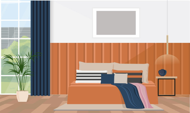 优雅的卧室室内设计，橙色大床，蓝色窗帘，地毯，现代灯，床头柜。图片下载