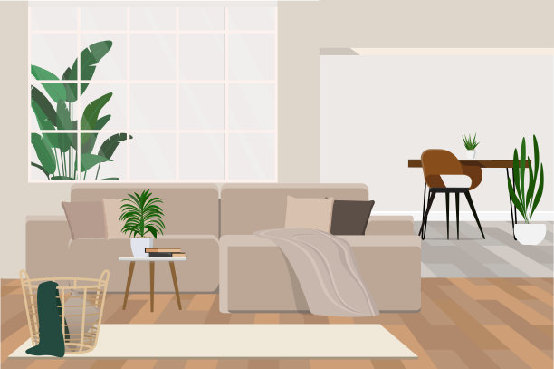 矢量插图现代室内开放空间与模块化沙发，家具，茶几，格纹，枕头，植物。图片下载