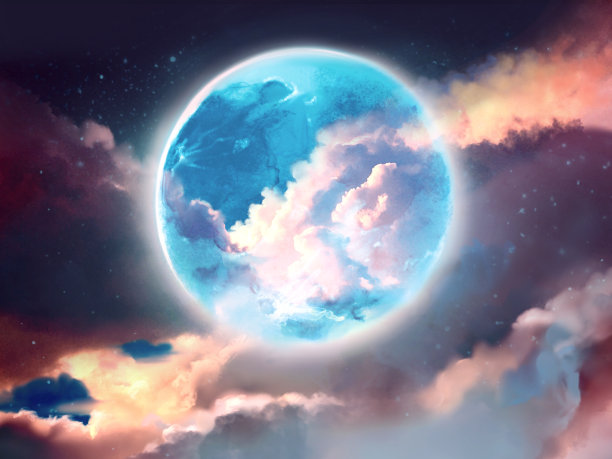 插图的夜空与美丽的完整的蓝色月亮图片下载