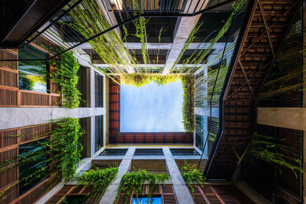 蓝色的天空透过建筑的方洞和绿色的常春藤灰底部视图。图片下载