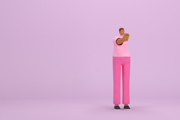 穿粉红色衣服的黑人。他说话时手脚都很灵活。动画角色在表演中的三维渲染。图片下载