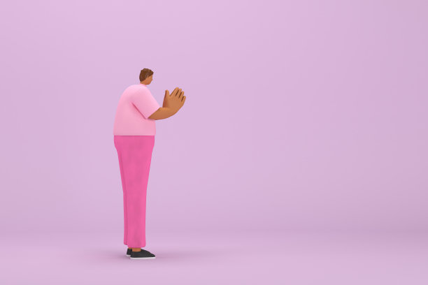 穿粉红色衣服的黑人。他说话时手脚都很灵活。动画角色在表演中的三维渲染。图片下载