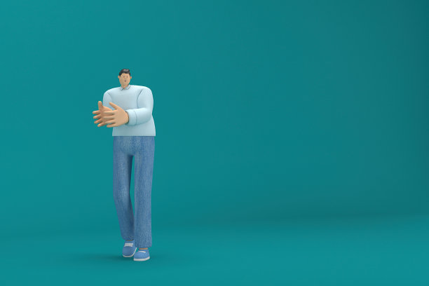 卡通人物穿着牛仔裤和长衬衫。他说话时手脚都很灵活。表演中的3d渲染。图片下载