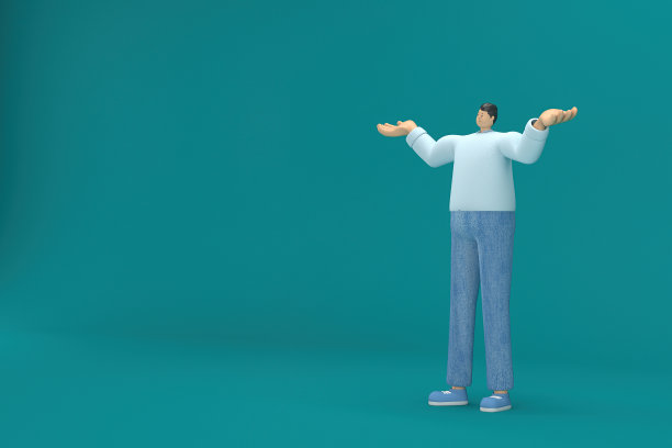 卡通人物穿着牛仔裤和长衬衫。他说话时手脚都很灵活。表演中的3d渲染。图片下载