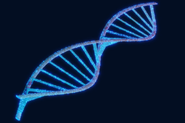 以科学所知的双螺旋螺旋的概念表示的插图呈现的DNA，被发光的粒子，磷酸盐，胞嘧啶，胸腺嘧啶，腺嘌呤，鸟嘌呤，核苷酸包围。图片下载