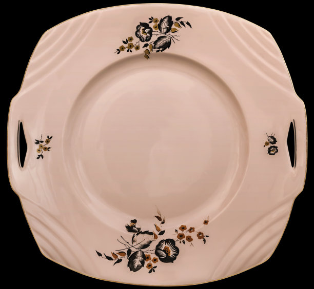 复古MZ捷克斯洛伐克瓷器粉红色拼盘与装饰花卉设计孤立的黑色背景图片下载