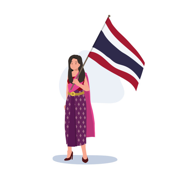 一位身着泰国传统服饰的妇女手里拿着一面巨大的泰国国旗。全长平面矢量插图图片下载