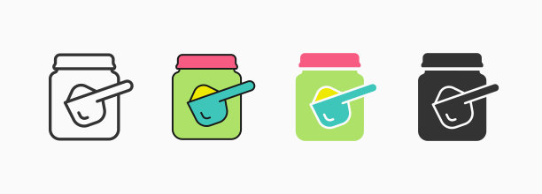 婴儿食品罐与勺子平面图标在白色背景。矢量插图。图片下载