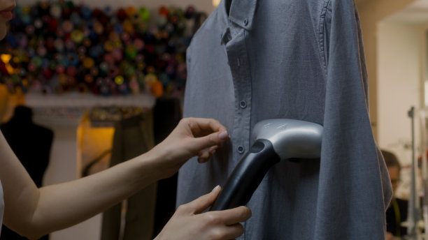 女人用手持式熨烫机熨烫衬衫图片下载