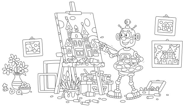 有趣的机器人艺术家正在画一幅美丽的画图片下载