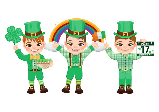 有趣的小男孩们穿着爱尔兰服装，拿着爱尔兰国旗和日历，三叶草叶子，站在彩虹前。圣帕特里克节矢量图片下载