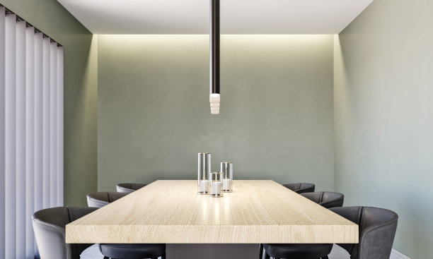 模拟餐桌在浅橡木和橄榄绿的墙壁背景，现代内饰，餐厅，特写，斯堪的纳维亚风格图片下载