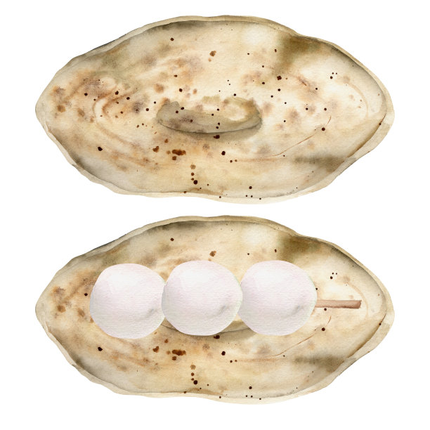 水彩手绘的日本传统糖果。陶瓷盘带党果。孤立在白色背景上。设计邀请函，餐厅菜单，贺卡，印刷，纺织图片下载