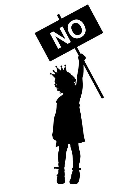 头戴皇冠的女孩利己主义者举着一张写着“不”的海报。矢量剪影图片下载