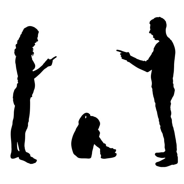 一个小女孩听到父母吵架后哭了起来。向量轮廓。图片下载