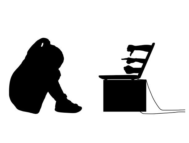 女婴哭着坐在笔记本电脑前，他用消极的手势和威胁的人的手给她看。矢量剪影图片下载