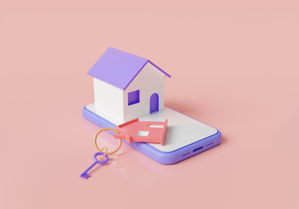 小房子站在屏幕上用钥匙打手机。智能家居控制智能手机。家庭自动化，家庭安全，远程家庭安全，抵押贷款，不动产。三维图标渲染图图片下载