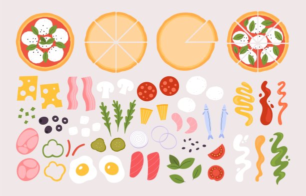 制作披萨的原料。蘑菇，香肠，奶酪和蔬菜，马苏里拉奶酪和各种酱汁。意大利披萨制造商活泼向量集图片下载