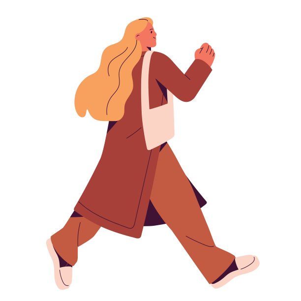 快乐的女人匆匆赶路，忙着做生意。忙碌的年轻女孩在户外快速前进。活跃、精力充沛、热情的人在街上奔跑。平面矢量插图孤立在白色背景上图片下载