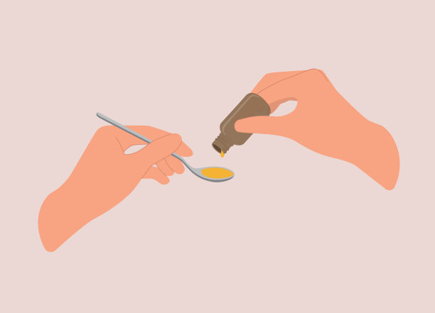 一个人的手把药糖浆倒进勺子里。图片下载