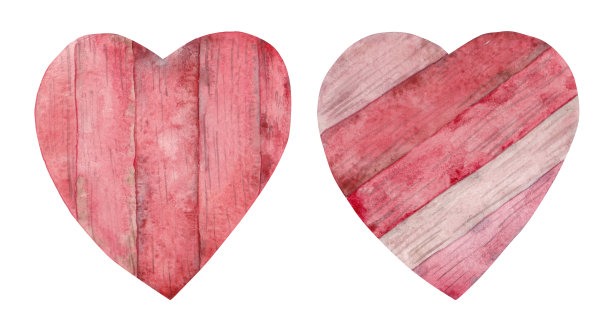 一套水彩木制心形。插图被孤立在白色背景上。理想的印刷，纺织设计，剪贴簿，礼品和其他创意。图片下载