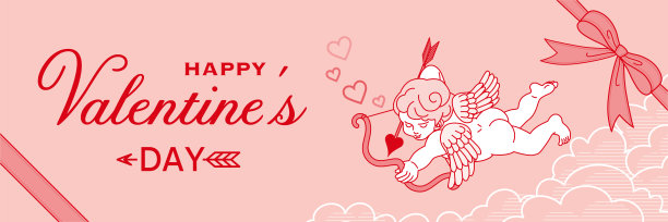 情人节设计模板，包括问候词-丘比特飞在云景，横幅横幅，粉红色和红色的颜色图片下载