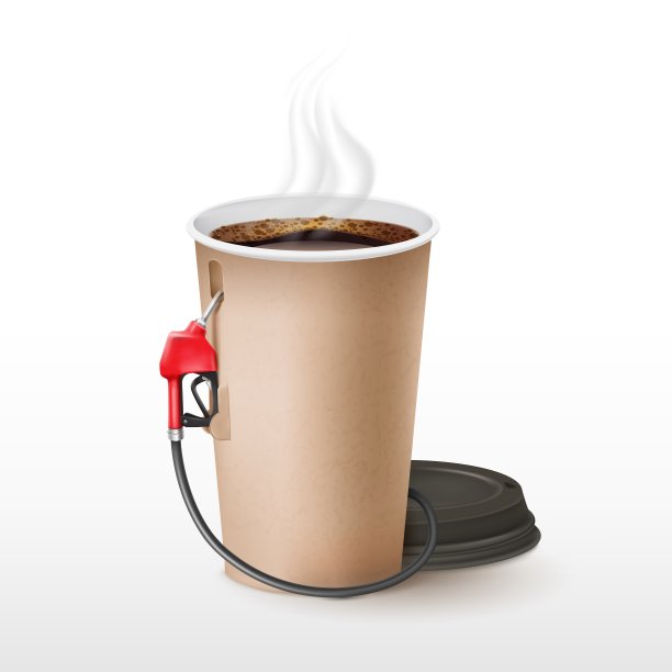 咖啡加油。咖啡因燃料创意图像，加油站泵分配器与3d塑料杯喝茶，咖啡馆广告创意汽车液体能源，整洁的矢量插图图片下载