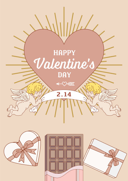 情人节设计模板，包括问候词，A4垂直比例-两个丘比特和巧克力棒图片下载