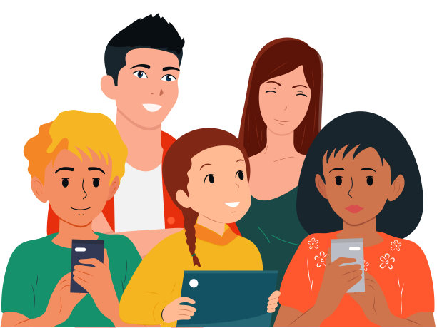 有很多孩子的幸福家庭每天都使用手机和平板电脑。图片下载