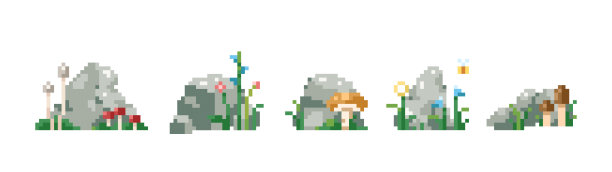 像素艺术岩石与岩石与草药，蘑菇和鲜花。8位矢量隔离元素。图片下载