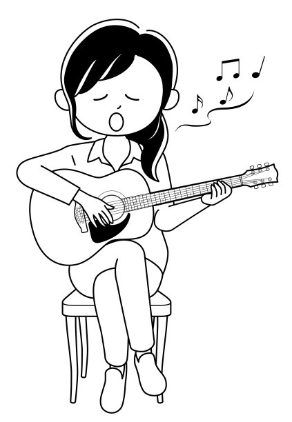 在白色背景下，一个女人拿着吉他唱歌图片下载