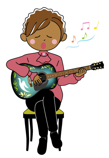 在白色背景下，一个女人拿着吉他唱歌图片下载