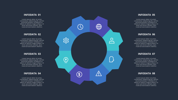 抽象的黑色信息图与8个元素模板的网络在黑色背景，业务演示图片下载