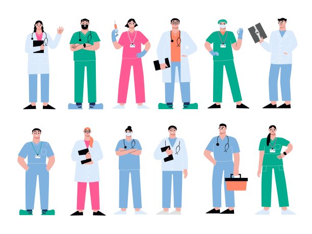 外科医生，肺科治疗师和护士。平医院队，成人儿童诊所医生在形式和保护口罩。分离的sapid向量集图片下载