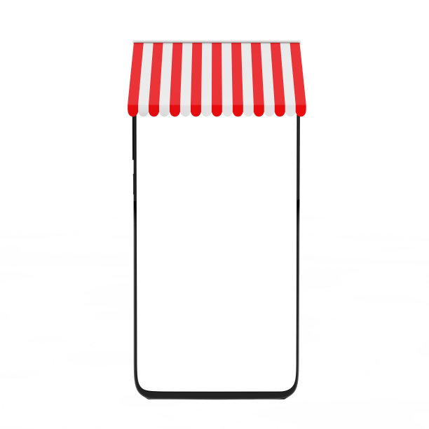 条纹商业雨棚元素海报，横幅和广告与空白屏幕手机。3d渲染图片下载