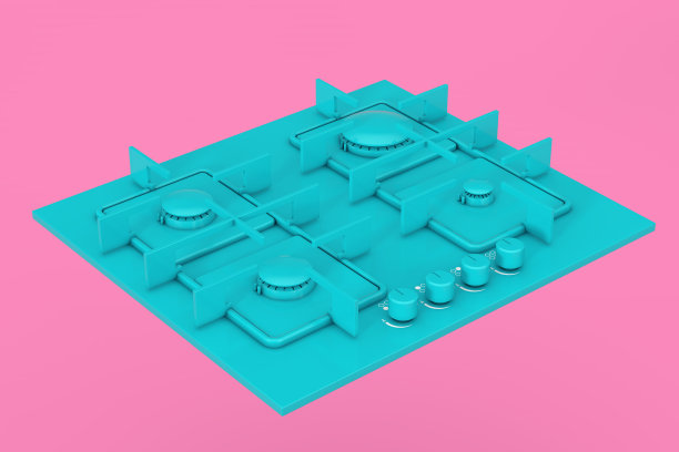 蓝色现代厨房煤气灶多色调风格。3d渲染图片下载