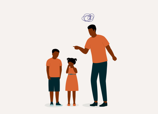 愤怒的黑人父亲责骂他的儿子欺负他的妹妹。图片下载