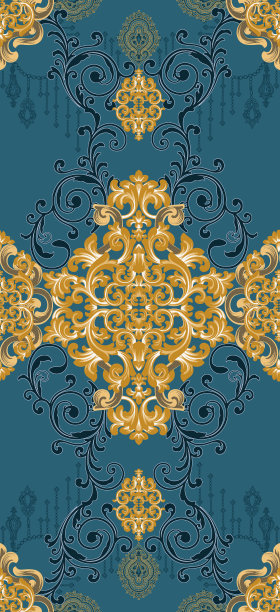 插图的华丽无缝模式方针在蓝色和金色的颜色图片下载