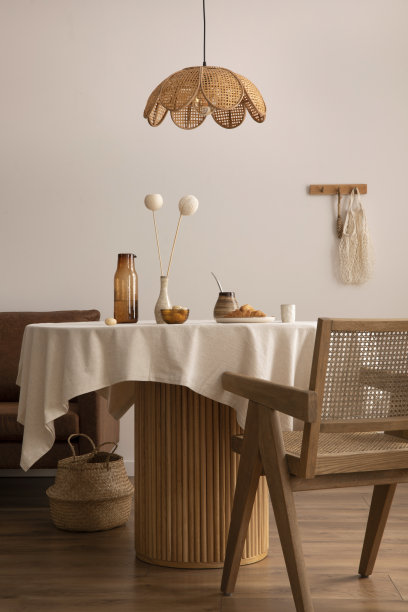 家庭和舒适的餐厅内部的圆木桌，设计扶手椅，吊灯，玻璃花瓶，装饰和个人配件。时尚的家居装饰。模板。图片下载