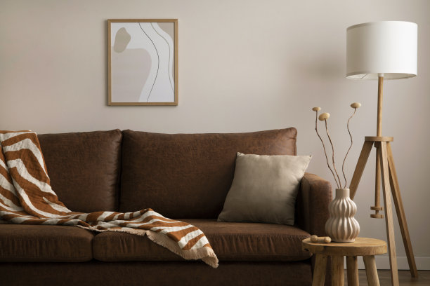 棕色沙发、木凳、干花花瓶、模拟海报框架、台灯、格纹、枕头和优雅的配饰构成了优雅舒适的极简主义空间。家居装饰。模板图片下载