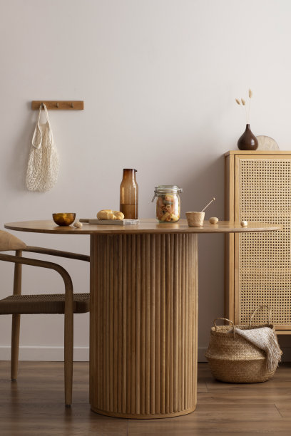 极简主义构图的餐厅室内圆形木桌，设计椅，花瓶干花，装饰，便盆和配件。时尚的家居装饰。模板。图片下载