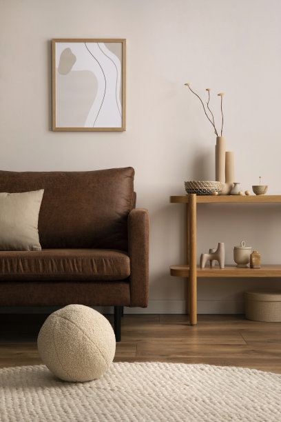 室内设计时尚优雅，棕色沙发，餐具柜，书籍，模拟海报框架，装饰，枕头，植物和个人配件。温馨的家居装饰。模板。图片下载