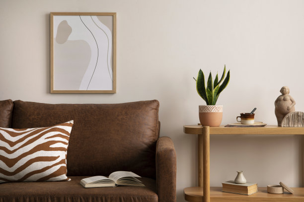 室内设计时尚优雅，棕色沙发，沙发，木架，书籍，模拟海报框架，装饰，枕头，植物和个人配件。温馨的家居装饰。模板。图片下载