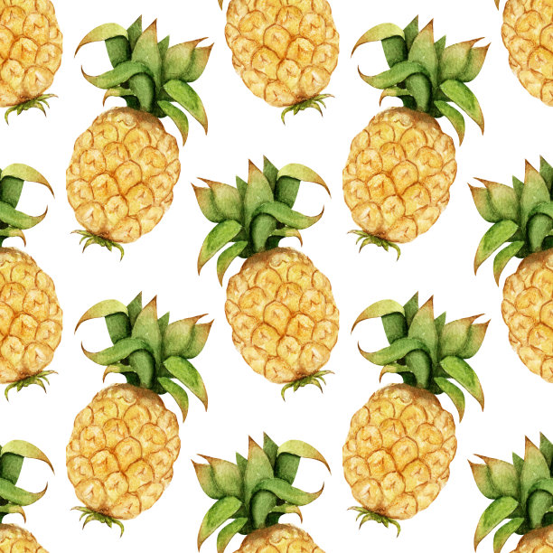 水彩无缝模式与明亮的菠萝在白色背景。图片下载