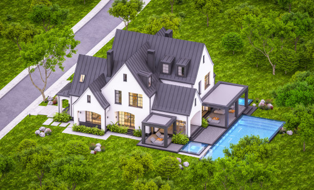 三维渲染的白色和黑色现代都铎房屋在晚上图片下载