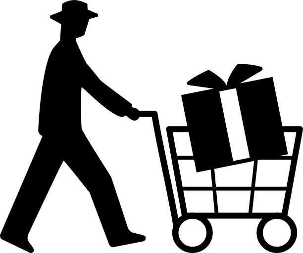 一个男人推着装满礼物的购物车的剪影/插图材料(矢量插图)图片下载