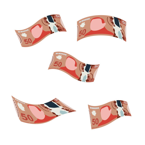 加元矢量插图。加拿大货币套装钞票。坠落，飞钱50 CAD。平的风格。孤立在白色背景上。简单的最小设计。图片下载