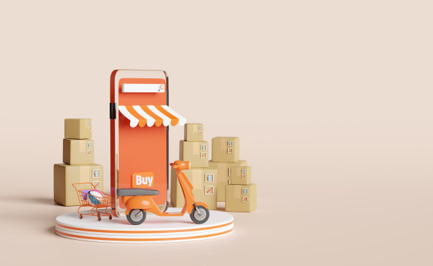 讲台和橙色的手机或智能手机与商店前面，滑板车，货箱，购物车隔离在粉红色的背景。在线交付或在线订单跟踪概念，3d插图或3d渲染图片下载