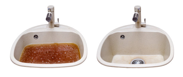 清理厨房水槽里的堵塞物。修复前后堵塞问题，隔离在白色背景上图片下载